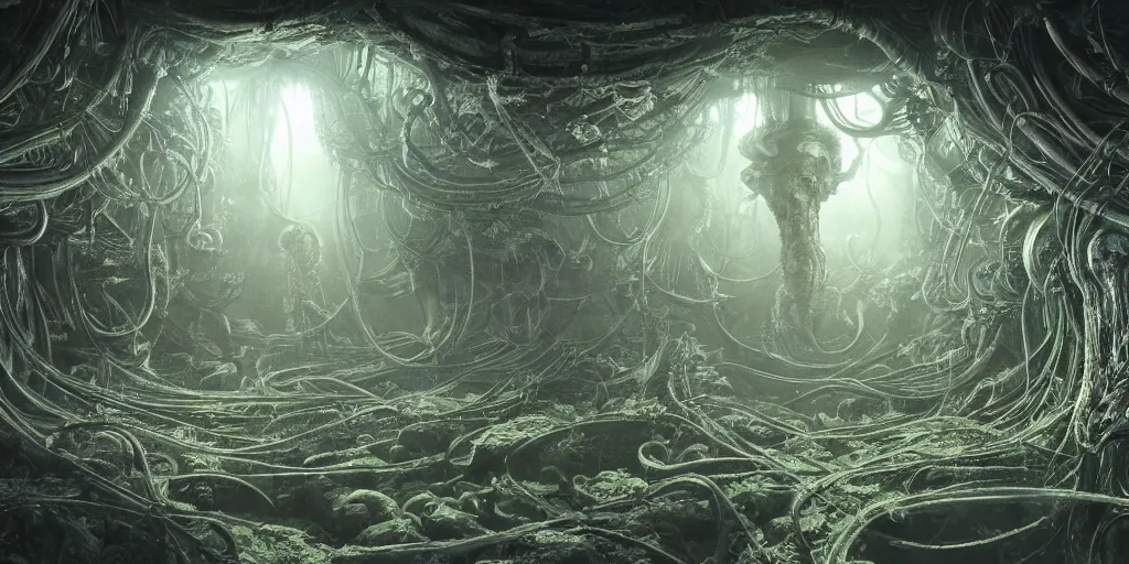 Prompt: an incredibly hyper realistic photorealistic organic world of irridescent beings in the style of h. r. giger by dr. seuss & erok johansson, cinematic colors, behance contest winner, global illumination, radiant light, detailed and intricate environment