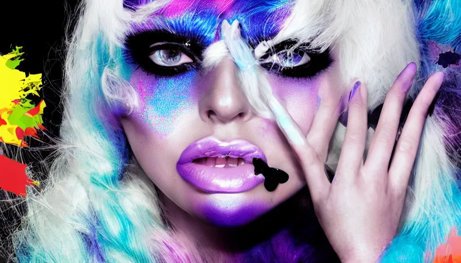 Image similar to lady gaga with long white hair holding a peace sign, an album cover by Hedi Xandt, featured on deviantart, holography, smokey background, matte background, seapunk High resolution. Highly detailed. Dramatic. 8k.4k.