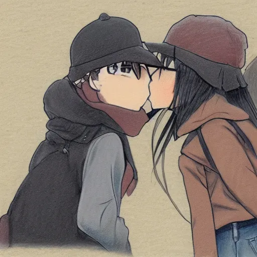 Image similar to colored pencil sketch of girls last tour chito and yuuri kissing