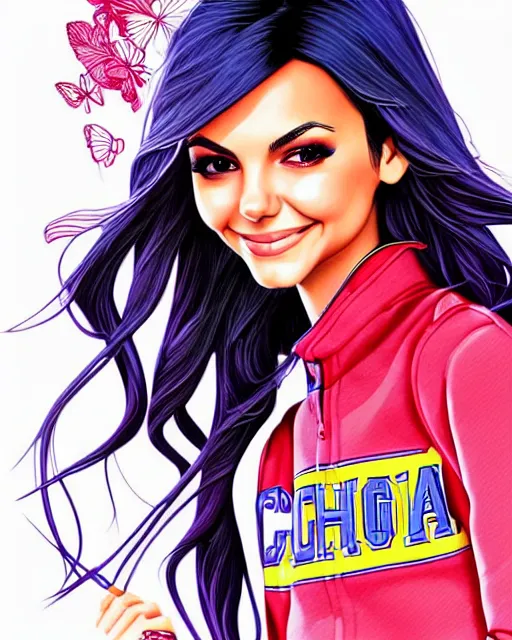 Image similar to richly detailed color  illustration of Victoria Justice as a prep highschool student surrounded by beautiful cursive writing, large format image. illustrated by Artgerm and Mina Petrovic and Timothy Kong and Marina Federovna. 3D shadowing.