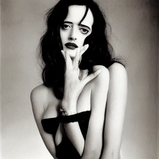 Image similar to eva green by helmut newton, seductive look, beautiful, realistic