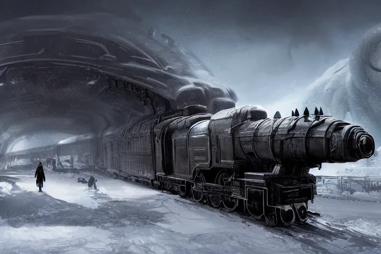 Image similar to a grand intricate futuristic black steam train and a giant mammoth, post - apocalyptic ice landscape in snowstorm, concept art, artstation, highly detailed, digital art