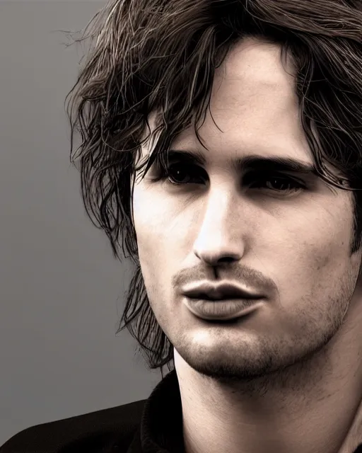 Image similar to Super realistic version of Jeff Buckley, symmetrical face, photo realistic, detailed , headroom, 8k, unreal engine 5, hyper realistic, artgerm, trending on artstation