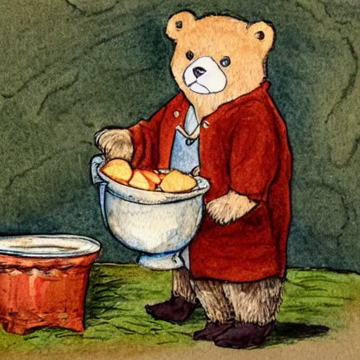 Image similar to a grumpy man dressed in a bear costume, holding a goldfish inside a bowl. watercolour with pencil, in the style of beatrix potter.