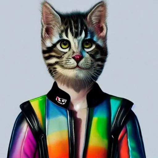 Image similar to wide angle full body, jacket wearing fluffy cute rainbow kitten wearing a black leather motorcycle jacket, cinematic concept art