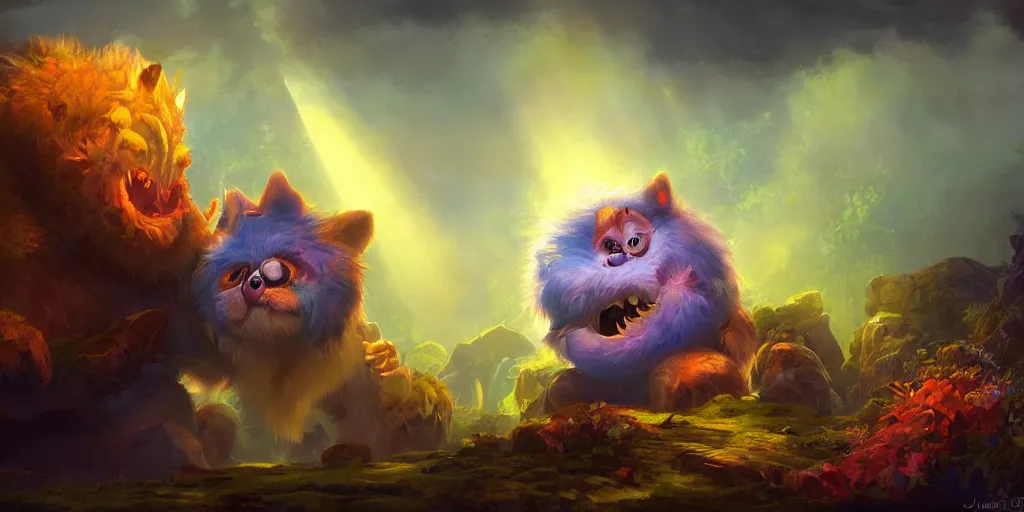 Prompt: a cute furry baby monster in a magical environment, magical energies emanating from it, god rays, fantasy art, matte painting, sharp focus, vibrant colors, high contrast, illustration, art by justin gerard