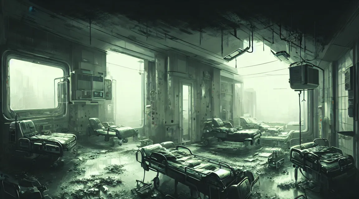 Prompt: post apocalyptic room interior, hospital interior, human silhouette, furniture, interior decoration, by pascal blanche, neil blevins, trending on artstation, photorealistic, hyper detailed, hyper realistic, cyberpunk