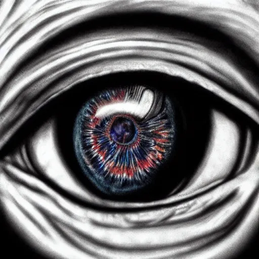 Prompt: hyperrealism photo - realistic lifelike photography photorealistic hyperrealism realistical close - up of an eyeball and inside the pupil is a mountain range landscape and scenery highly detailed ultra psychedelic by alex grey greg rutowski james gurney gustave dore michaelangelo davinci