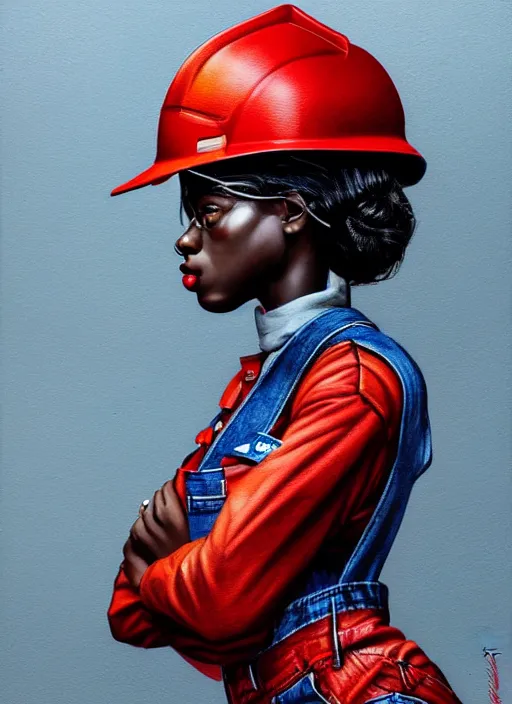 Image similar to full body portrait of young black woman as a firewoman, white t - shirt and blue denim overalls, red firemans helmet, intricate, beautiful and elegant, highly detailed, digital painting, artstation, concept art, smooth, sharp focus, illustration, art by wlop, mars ravelo and greg rutkowski