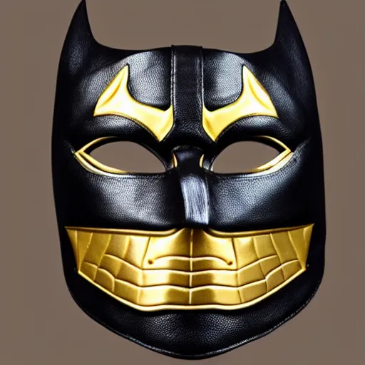 Prompt: luxury crocodile leather batman mask with golden seams, luxury item showcase, studio lighting