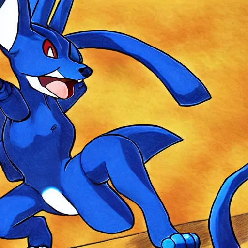 Image similar to Lucario from Pokemon drawn in Kazuma Kaneko's art style, high detail,