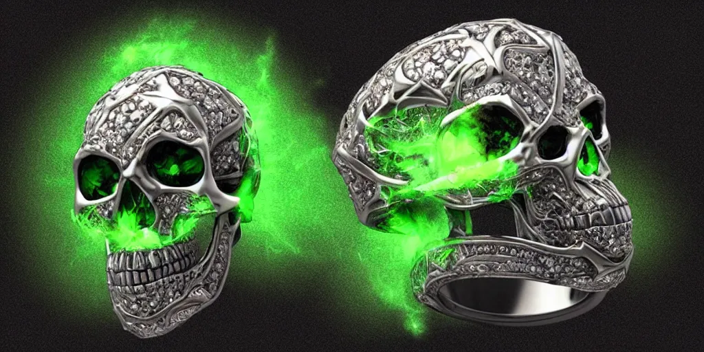 Image similar to stunning magic skull ring with a diamond, poison, green, mist, skull, energy, engraving, d & d, item, graphic, close - up, design, shimmer, artbook, page, detailed, trending on artstation, cgsociety, art by greg rutkowski and raymond swanland and moebius