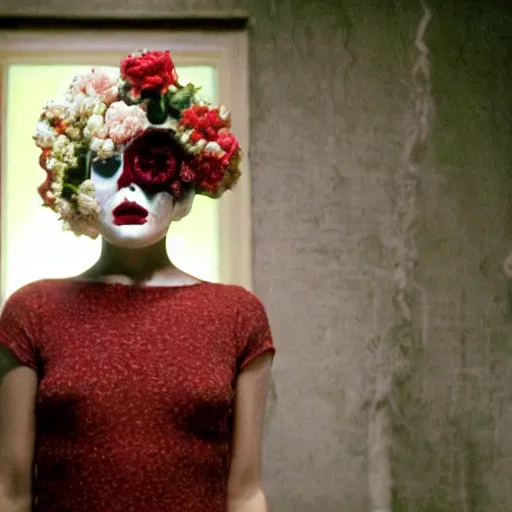 Image similar to movie still of the girl with the flowers head, cinematic composition, cinematic light, by edgar wright and david lynch, oniric atmosphere,