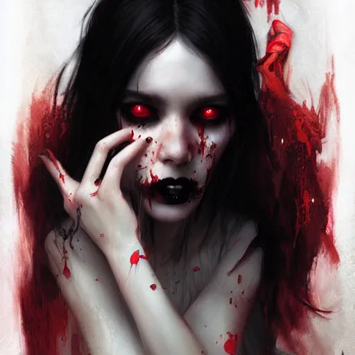 Image similar to goth girl crying red tears, intricate, art by greg rutkowski, high detailed, 4 k,