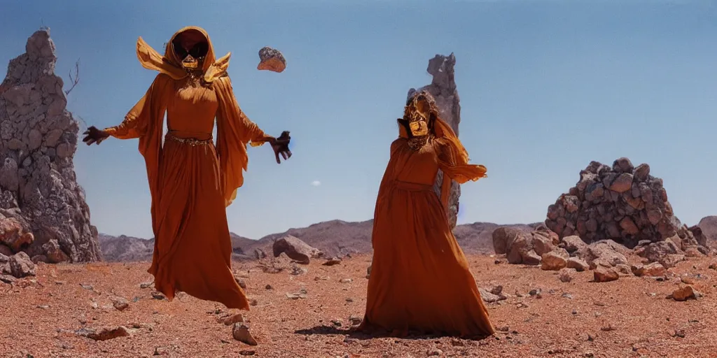 Image similar to levitating dressed woman with full - face golden mask in a dry rocky desert landscape, floating rocks, levitating rocks, visible sky and sunny atmosphere, fata morgana and giant square mirrors by alejandro jodorowsky, anamorphic lens, kodakchrome, practical effects, masterpiece, 8 k