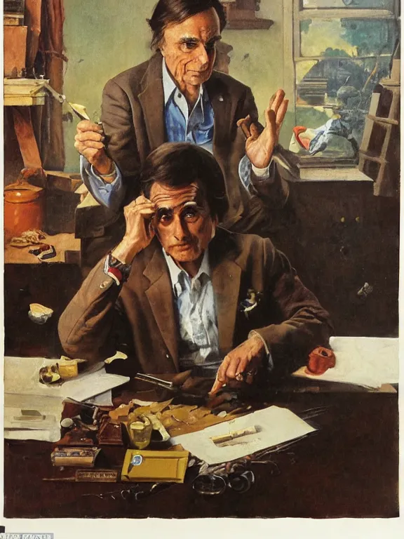 Image similar to portrait of carl sagan rolling a joint, in a style blend of norman rockwell and frederick remington and mort kunstler, oil painting, volumetric lighting, intricate details