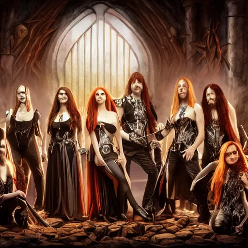 Prompt: Members of the symphonic metal band Epica, full body shot, fantasy, medieval, vivid colors, elegant, concept art, sharp focus, beautiful face, digital art, Hyper-realistic, 4K, Unreal Engine, Highly Detailed, HD, Dramatic Lighting by Brom, trending on Artstation