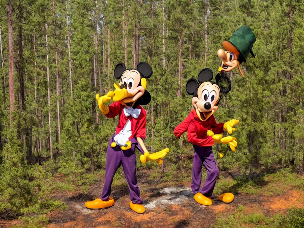 Prompt: disney's goofy trying to put out a forest fire by peeing on it somewhere in southern finland