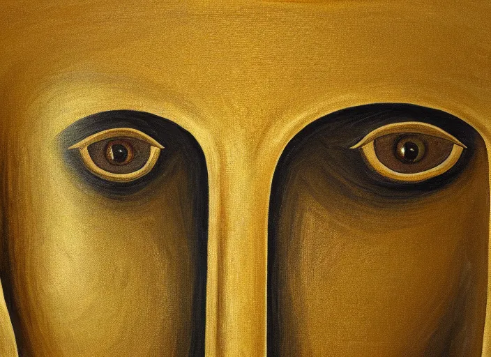 Image similar to a painting of giant buddahs eyes floating in the desert in gold color palette