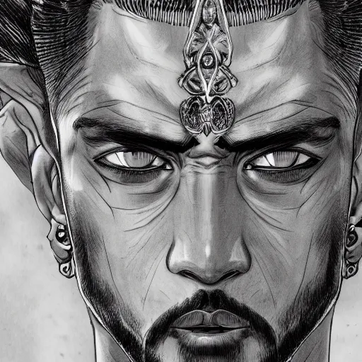 Image similar to a close up portrait of a sultan, focused gaze, art station, highly detailed, concept art, sharp focus, illustration in pen and ink, 4 k wide angle, by kentaro miura