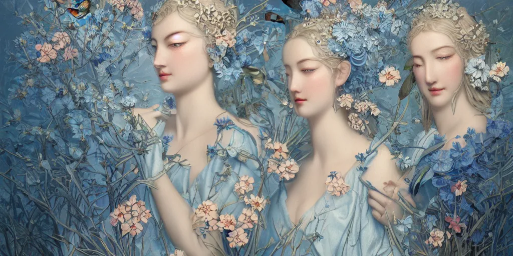 Image similar to breathtaking detailed concept art painting art deco pattern of blonde faces goddesses amalmation light - blue flowers with anxious piercing eyes and blend of flowers and birds, by hsiao - ron cheng and john james audubon, bizarre compositions, exquisite detail, extremely moody lighting, 8 k