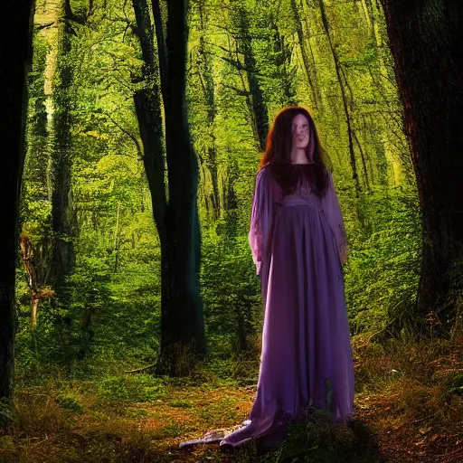 Image similar to portrait of a strange, gorgeous and mystical woman in the woods, trees in the background, evening lighting, 4k, detailed, in the style of Greg Capullo