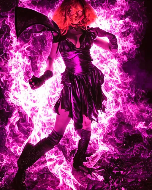 Image similar to pyromancer devil girl cover in purple death flames, deep pyro colors, purple laser lighting, award winning photograph, radiant flares, intricate, various refining methods, micro macro autofocus, evil realm magic painting vibes