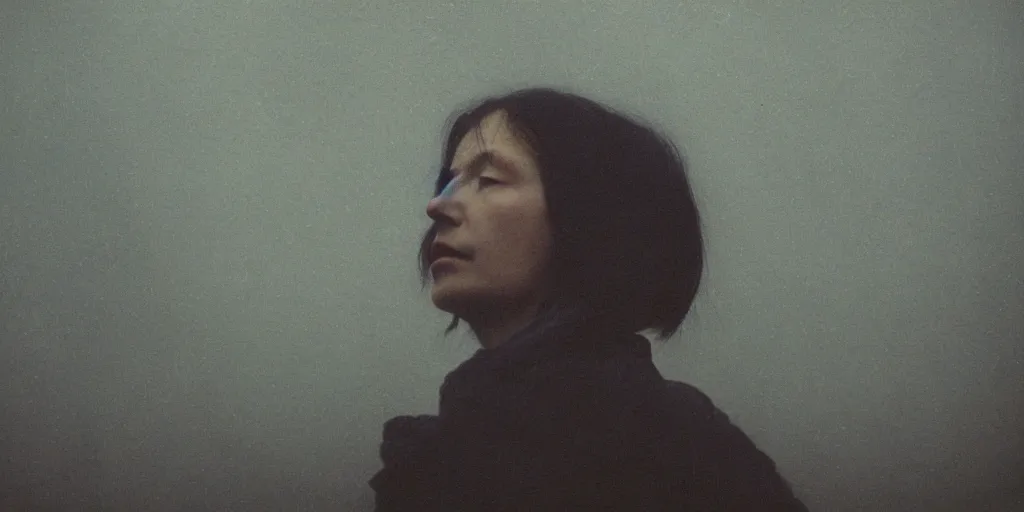 Prompt: portrait bust of woman, tarkovsky, film grain, kodachrome, dense forest, black hair, cloth, heavy fog, hudson river school, 4 k, dramatic lighting, sunrise, hayao miyazaki, masashi ando, nizou yamamoto, kazuo oga, joe hisaishi, yoji takeshige, naoya tanaka