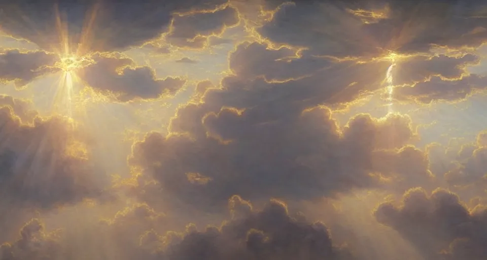 Prompt: heaven and angels!!!!! floating!! on clouds god rays, by eugene von guerard, ivan shishkin, trending on artstation, 8 k