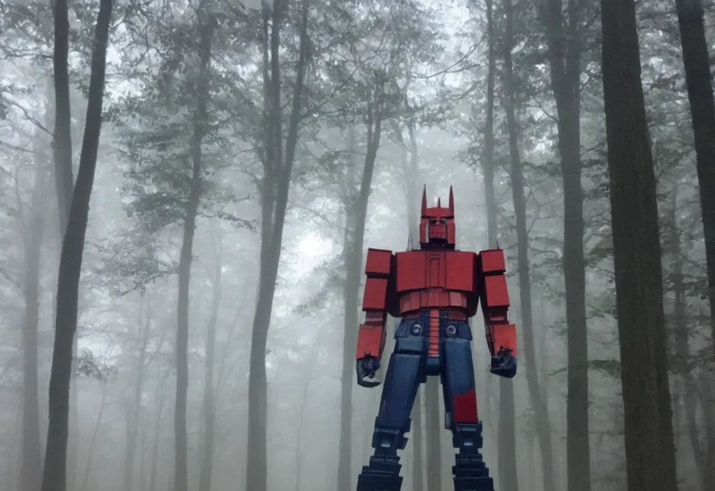 Prompt: low quality iphone photo of g 1 optimus prime standing ominously deep in the foggy woods with a demonic smile in his face, low visibility creepy, grainy, trail cam footage