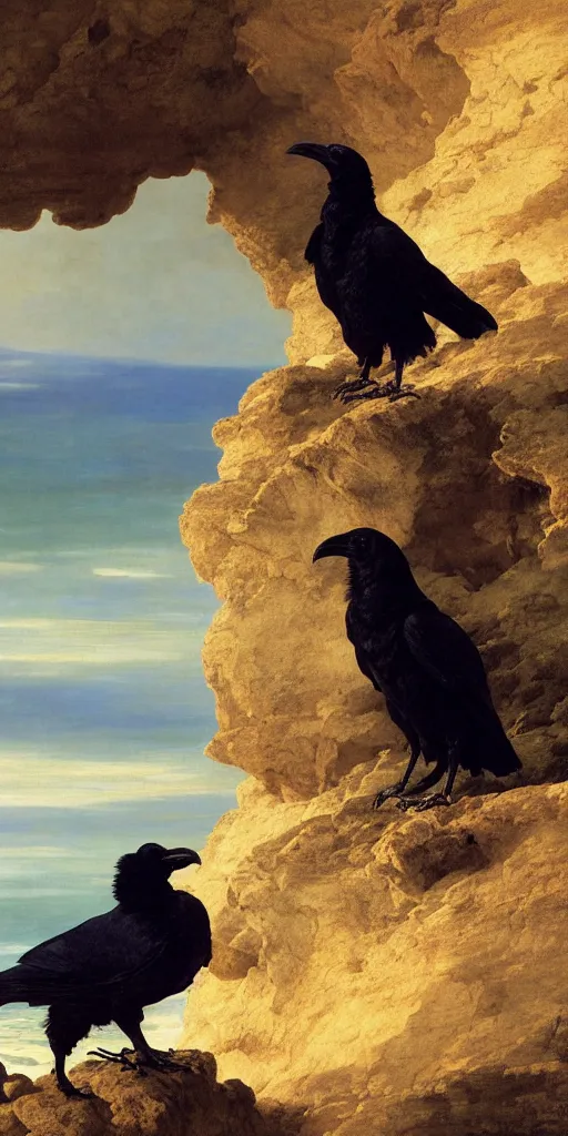 Image similar to a breathtakingly stunningly beautifully highly detailed close up portrait of a raven under a rock arch, epic coves crashing waves plants, beautiful clear harmonious composition, wonderful strikingly beautiful serene sunset, detailed organic textures, by frederic leighton and rosetti and turner and eugene von guerard, 4 k