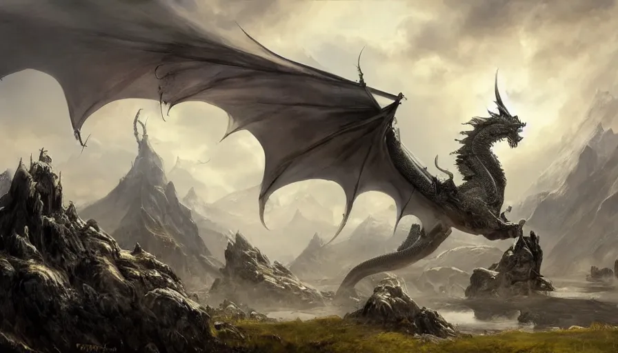 Image similar to viking seven headed dragon in a nordic landscape under bright daylight with fluffy clouds, set in the world of Guildwars2, painted by Hans Fredrik Gude, Greg Rutkowksi and Artgerm, concept art 2022, ultra realistic masterpiece, contrasting details vs blank areas, oil on canvas