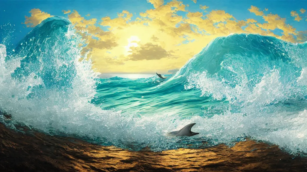 Image similar to first person view of breaking waves on the shore, summer, clear beautiful sky, bright sky, dolphins 🐬 jumping and playing near the shore, peaceful, amazing, by andreas rocha and john howe, and Martin Johnson Heade, featured on artstation, featured on behance, golden ratio, ultrawide angle, f32, well composed