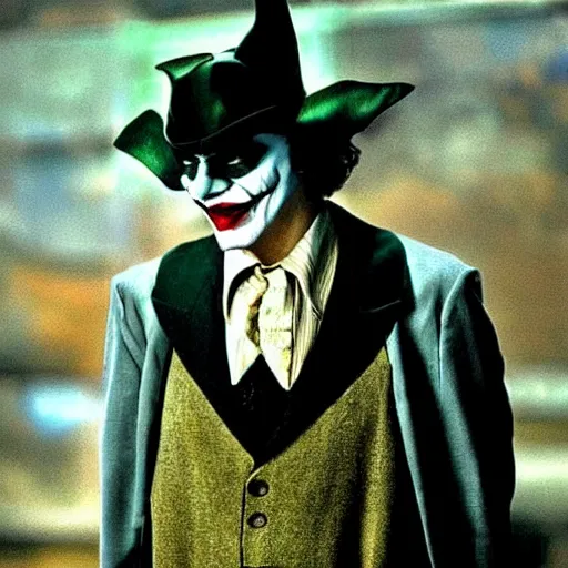 Image similar to Salvador Dali as the joker in dark knight , very realistic! looks at the camera, backlight cinematic dull colors medium close shot from the batman dark knight