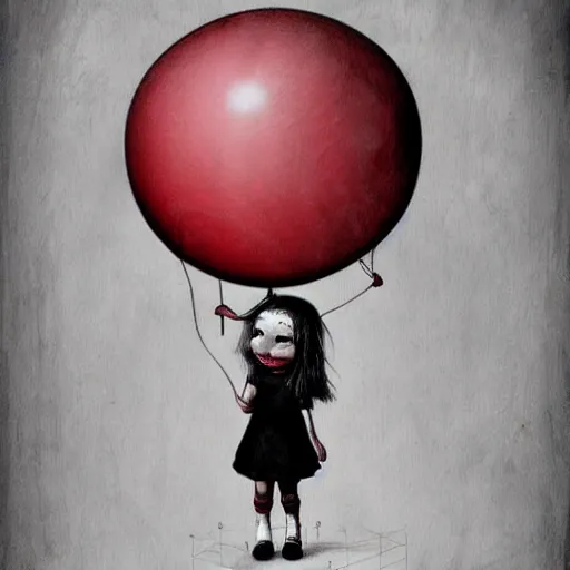 Image similar to surrealism grunge cartoon sketch of a sad little girlwith a wide smile and a red balloon by - michael karcz, loony toons style, horror theme, detailed, elegant, intricate