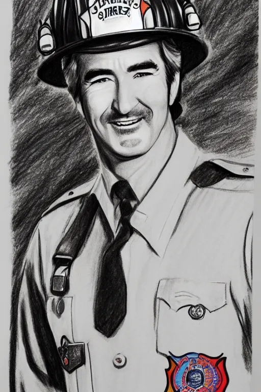 Image similar to a drawing of randy mantooth as a fire fighter by a child, bright colours, detailed