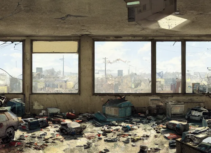 Prompt: a room filled with lots of junk and broken windows, concept art by scott listfield, cgsociety, neoplasticism, artstation hq, playstation 5 screenshot, cryengine