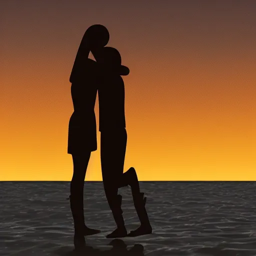 Prompt: a boy hugging a crying girl on the beach, sunset, cartoon