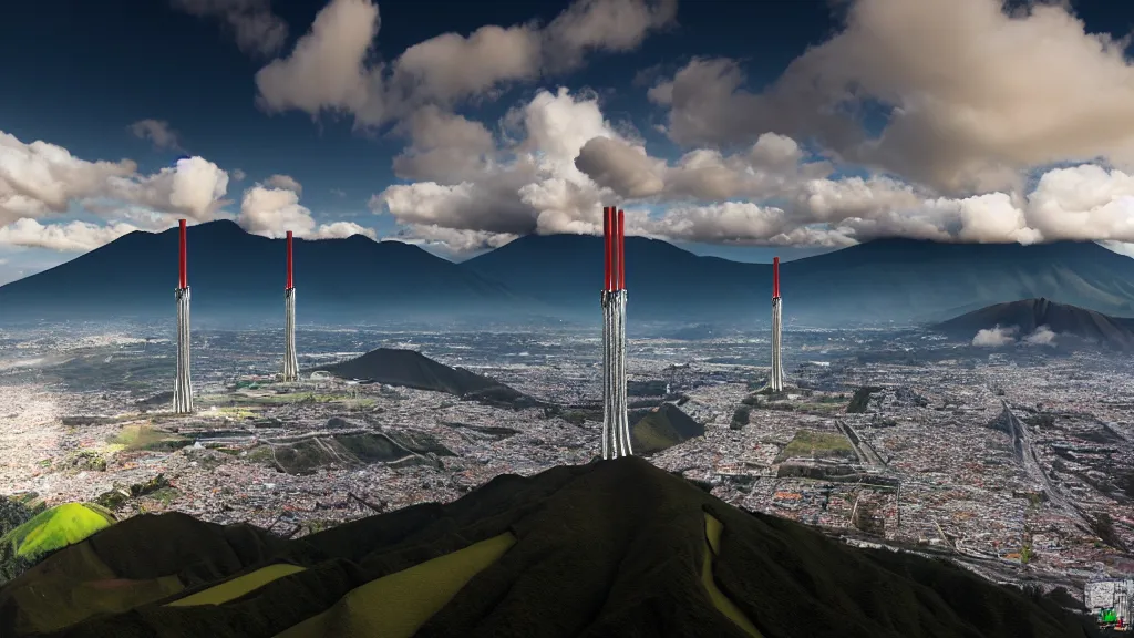 Image similar to Epic Nuclear power towers gracefully over the mountain valley of Quito, Ecuador; by Oswaldo Moncayo and Vincent Callebaut; Location: Quito Ecuador 4K, 8K; Ultra-Realistic Depth Shading