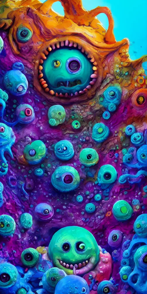 Image similar to of a colorful deep sea crater with strange cute blobby happy creatures with huge eyes, mouth, long tongue and round teeth appearing from smokey background, in the style of gehry and gaudi, macro lens, shallow depth of field, ultra detailed, digital painting, trending artstation, concept art, illustration, cinematic lighting, photorealism, epic, octane render