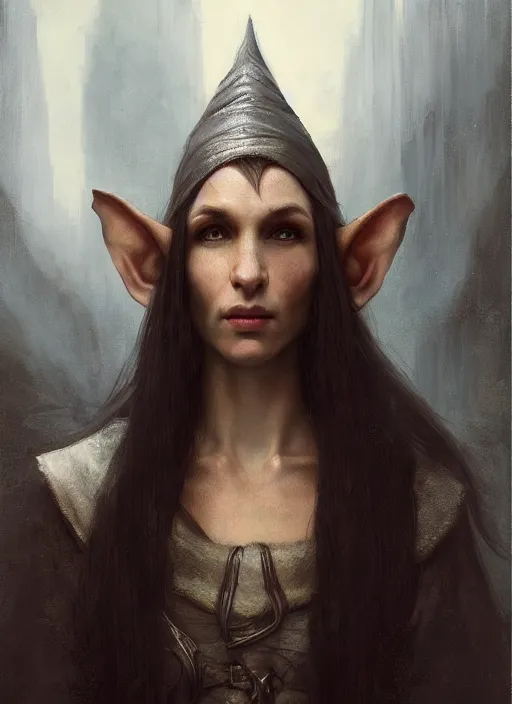 Prompt: portrait of an elf ( long thin pointed ears, sharp features ) thief with long black hair, elven character with smirk, detailed realism face in painting, by rembrandt, by greg rutkowski, by james jean, detailed beautiful portrait, oil painting masterpiece, fantasy artwork, 8 k resolution, smooth, sharp focus, trending on artstation