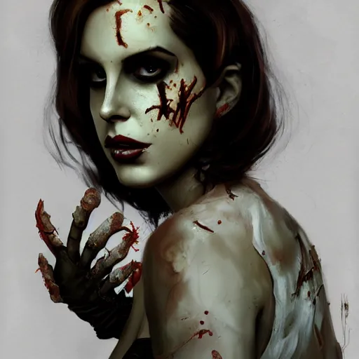 Image similar to slim and beautiful lana del rey as a zombie, 7 days to die zombie, gritty background, fine art, award winning, intricate, elegant, sharp focus, cinematic lighting, digital painting, 8 k concept art, art by michael hussar, art by brom, art by guweiz and z. w. gu, 8 k