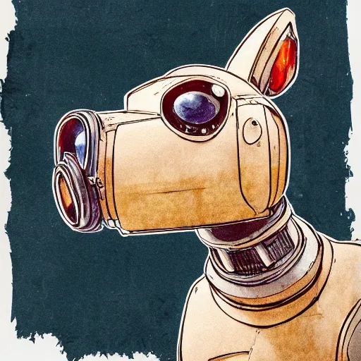 Prompt: a detailed illustration of a cute retro robot dog, alcohol inks on parchment, muted colors, detailed, coherent, white background, concept art