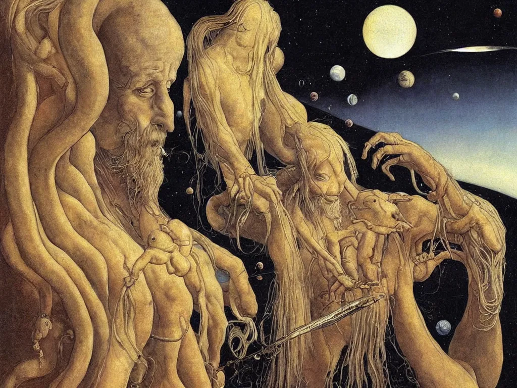 Image similar to Portrait of an albino wizard man with alien creatures on Saturn a million years ago. Painting by Lucas Cranach, Moebius.