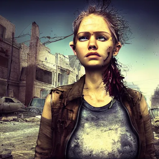 Image similar to pretty face, wide angle lens, photorealistic, 4k, background of destroyed city post apocalyptic, steakpunk, soft lighting, portrait, style of gigar, GIGAR, horror alien gigar