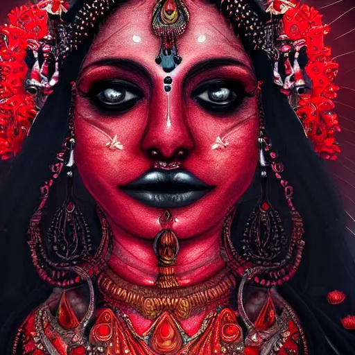 Image similar to beautiful Hindu goddess of the dark with veil, in darkness, cover with a lot of red water, horror terrifying, surreal realistic, photorealistic, hyper details, full HD, 8k!