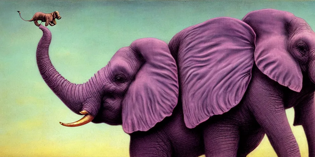 Image similar to a single purple elephant flying in the air like dumbo during a storm, close up of elephant with ground behind, illustration, detailed, smooth, soft, warm, by Adolf Lachman, Shaun Tan, Surrealism