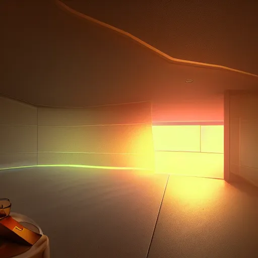 Image similar to futuristic virtual room, crisp, artstation, luxury, beautiful, dim painterly volumetric aquatic sunset lighting