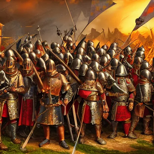 Image similar to Detailed epic render of medieval army with vivid warm colors and atmosphere