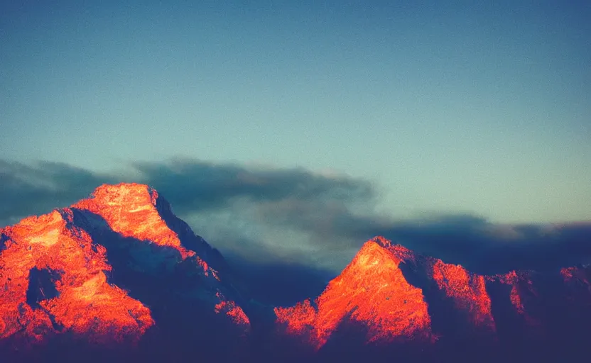 Image similar to beautiful mountain landscape, vaporwave, sunset, professional photography